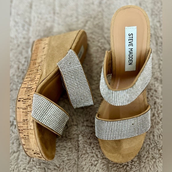 Steve Madden Sandro Sandal Crystal Pave Embellished 2 Strap Cork Wedge Slide 7.5 - Picture 9 of 9